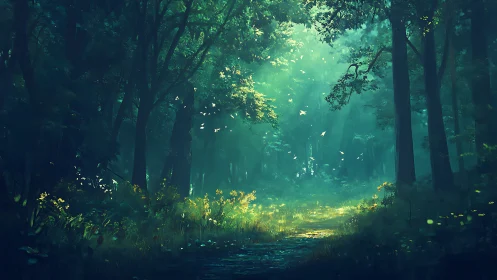 Ethereal Forest Path: Luminous Atmospheric Composition with Directional Lighting