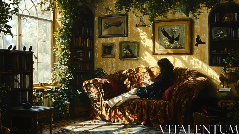 Sunlit reading nook with ivy, framed birds, and floral sofa