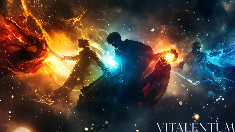 Elemental heroes weaving fire, ice, and light in cosmic dance.