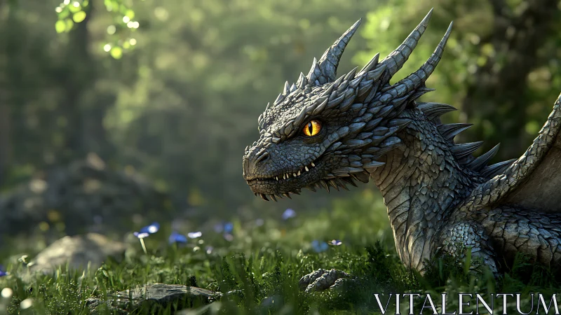 Detailed dragon creature rendered in sunlit forest clearing.