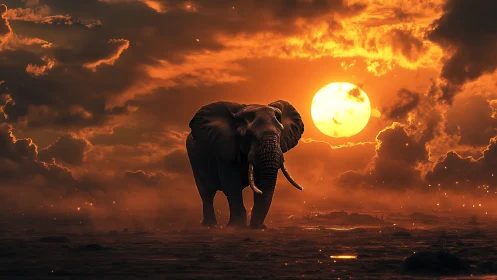 Gentle elephant wandering under a glowing sunset sky.
