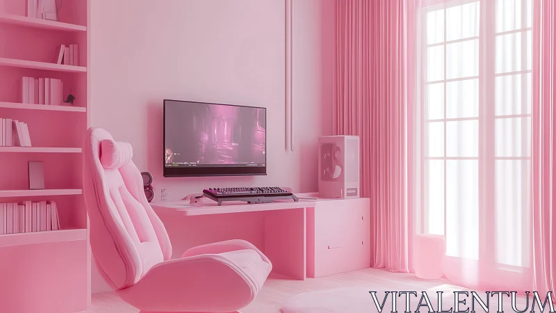Monochrome pink gaming workspace occupies a bright corner