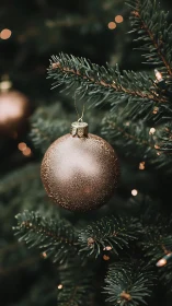 Gold bauble hanging on evergreen branch with soft lights.