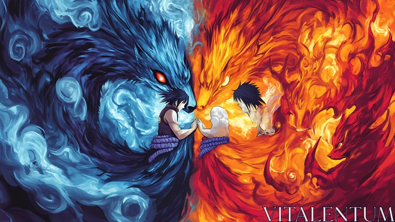 Two anime warriors clash between blue water and red fire.