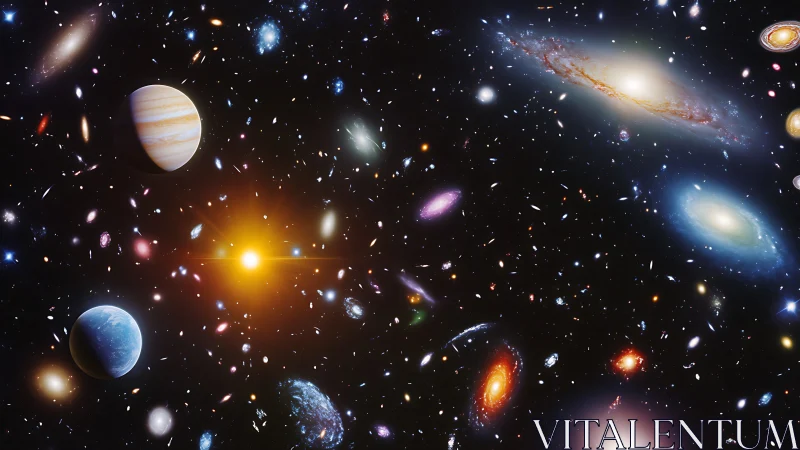 Countless glowing galaxies welcome calm wandering planets