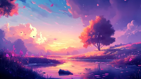 Vibrant digital sunset landscape with glowing riverside tree.