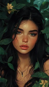 Digital portrait of freckled woman framed by dense leaves.