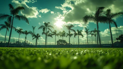 Palm lines and sunflares over emerald urban playing field.
