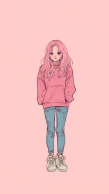 Pink hoodie girl stands shyly on soft monochrome background.