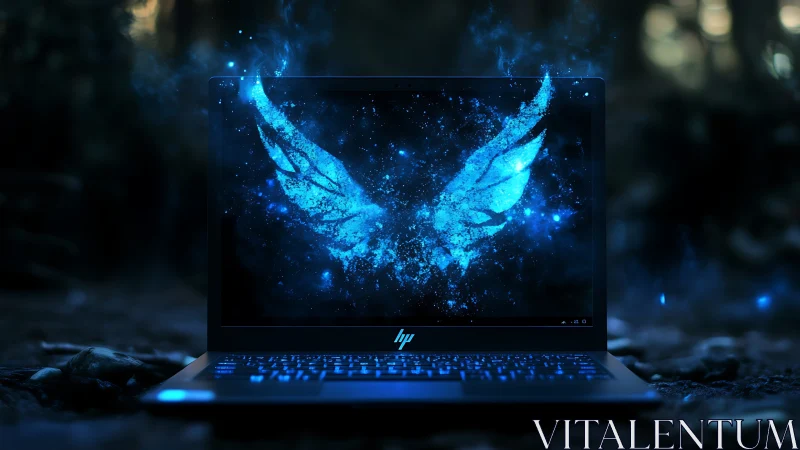 Glowing blue wings erupt from laptop screen in dark forest
