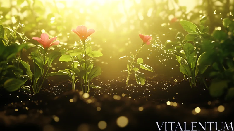 Sunlit garden bed with young flowering plants in soil.