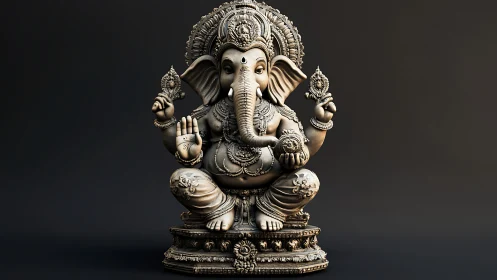 Intricate Ganesha sculpture sits centered on ornate pedestal