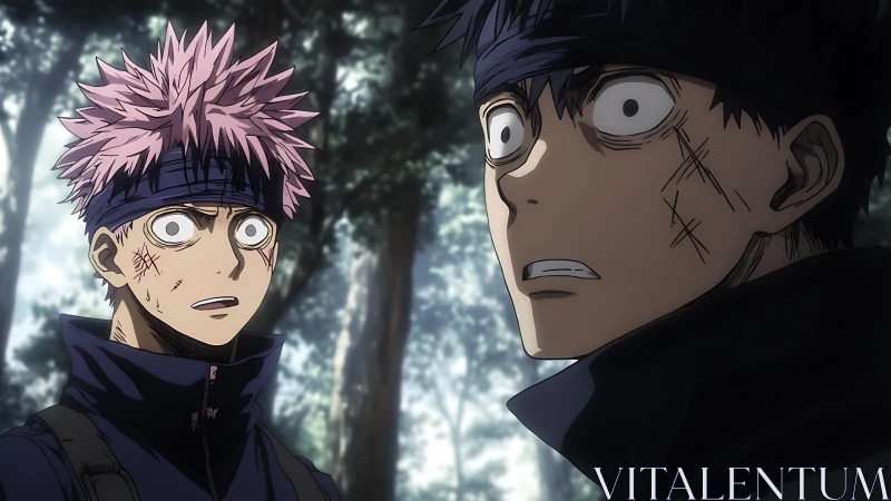 Battle-worn anime duo react in shock within a dark forest.