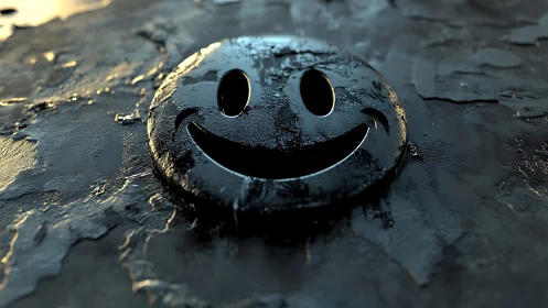 Smiley face emblem on textured wet dark surface.