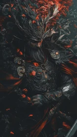 Dark armored king amid red petals and intricate foliage.