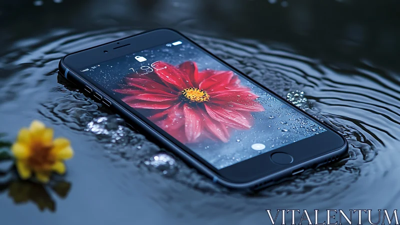Smartphone With Red Flower Wallpaper Submerged in Water.