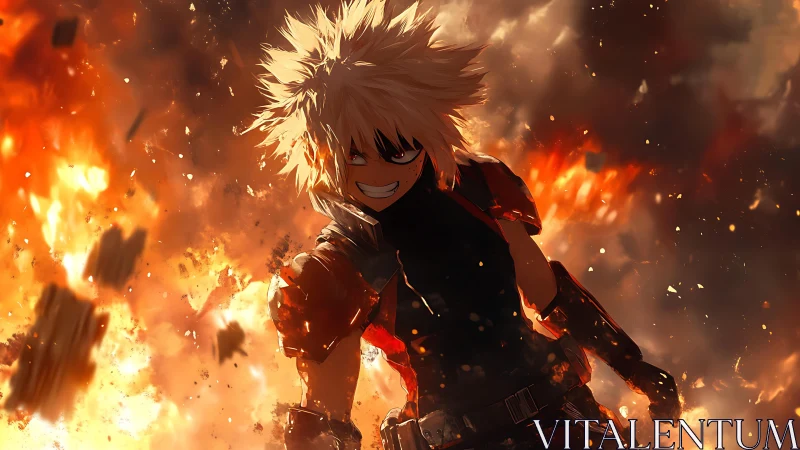 Explosive anime warrior strides through blazing inferno.