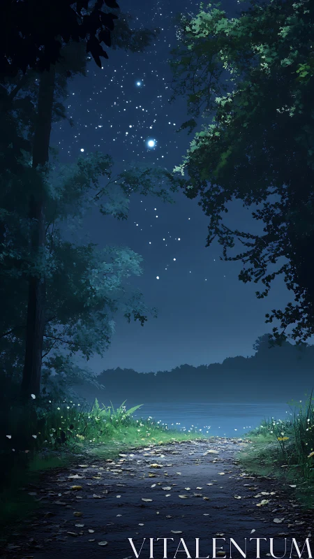 Nocturnal Forest Clearing with Stellar Canopy and Luminescent Water Body
