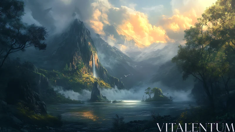 Sunlit waterfall descends between misty fantasy mountains