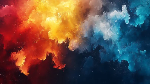 Nebula clouds blend fiery red, golden light, cool cyan mists.