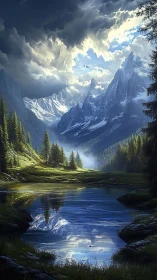 Glacial alpine lake beneath storm-lit jagged mountain range