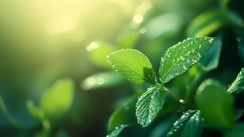 Morning dew sparkles on fresh mint leaves in soft sunlight.