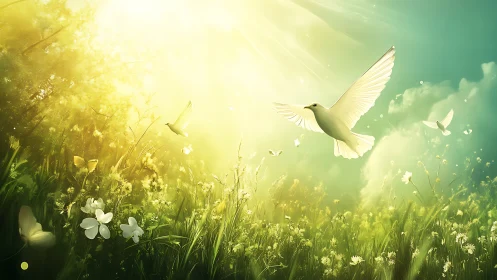 Luminous meadow with ascending white dove, digital painting focus.