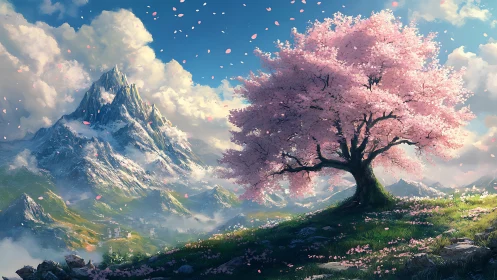 Majestic cherry blossom tree overlooking luminous alpine peaks.