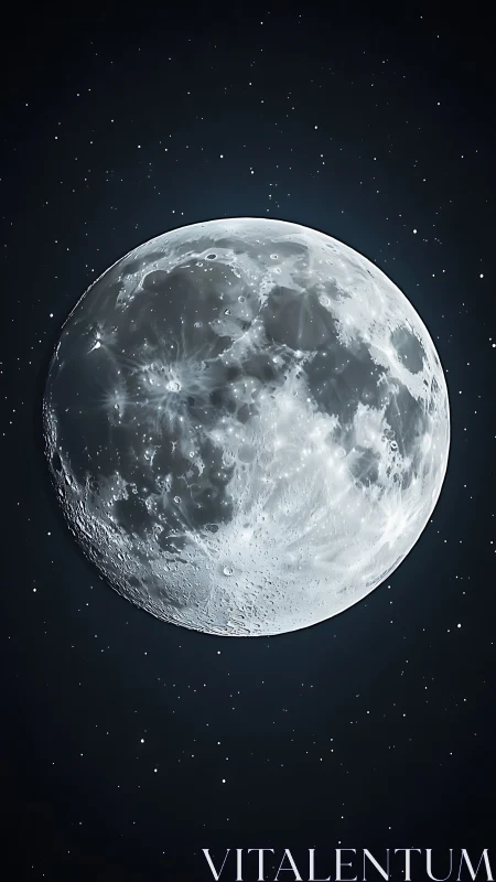 Luminous full moon hangs in a star-filled midnight sky.