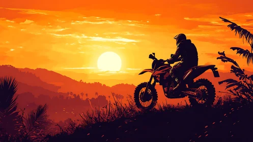 Motorcyclist on hillside trail against vivid orange sunset.