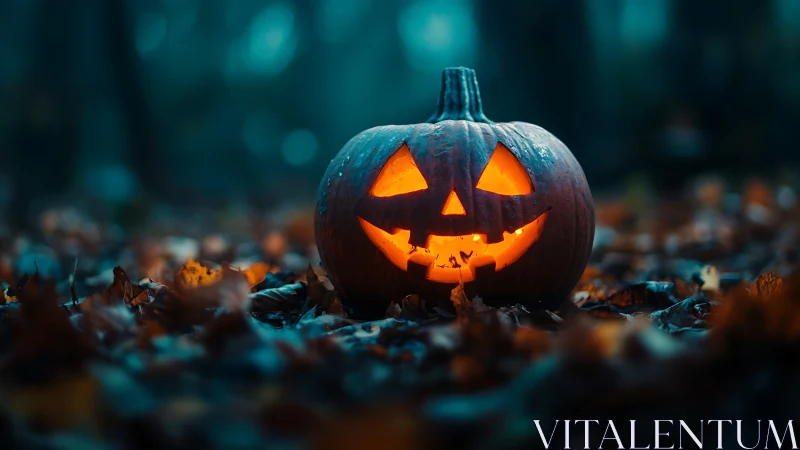 Glowing jack o lantern in dark autumn forest at dusk.