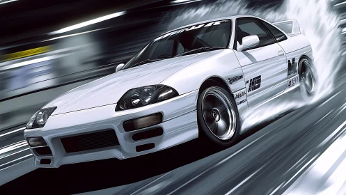 White tuned coupe drifts through tunnel under motion blur