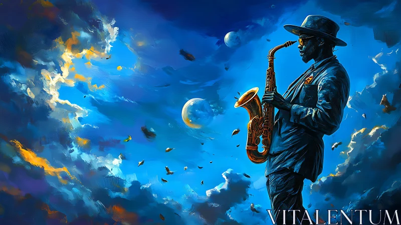 Cosmic jazz saxophonist under vivid swirling blue sky.