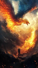Sky-splitting fire phoenix confronts lone cloaked wanderer.