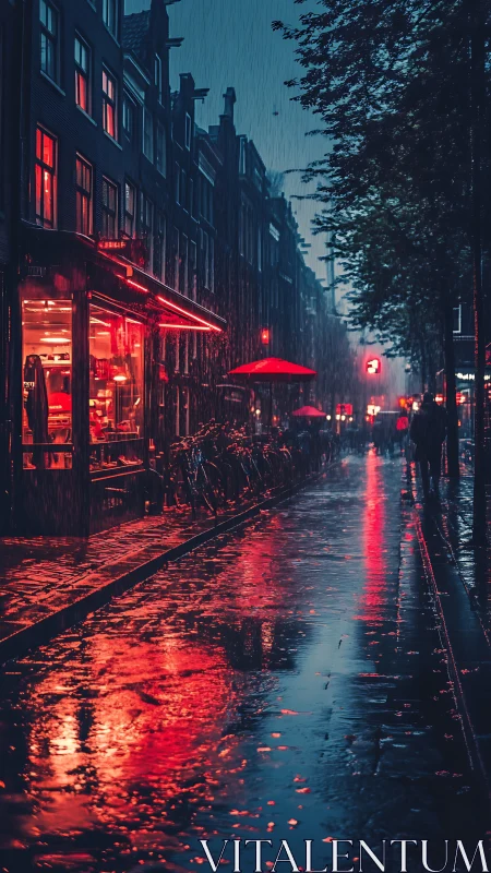 Rainy night city street with red neon reflections on pavement.