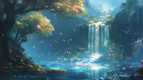 Sunlit fantasy waterfall in lush blue-green forest valley.