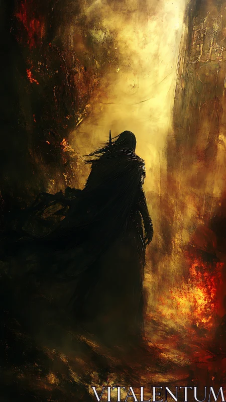 Dark cloaked figure in fiery, smoke filled fantasy corridor.