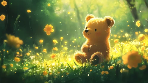 Teddy bear sits in sunlit meadow filled with yellow flowers