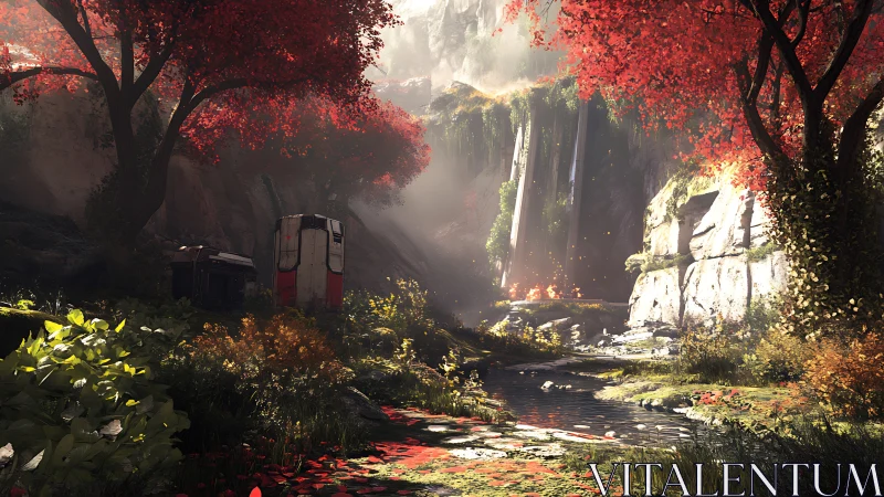 Futuristic refuge in lush red forest canyon waterfall.