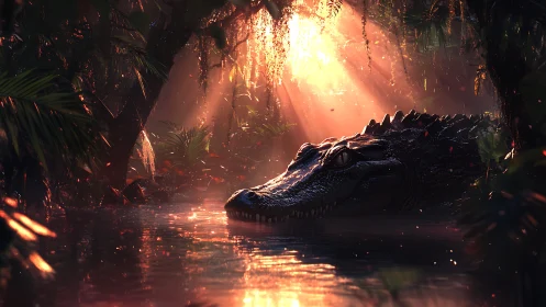 Crocodile emerging under molten sunset light in dense jungle.