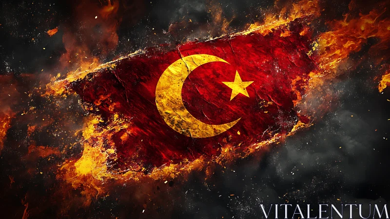 Burning Turkish flag rendered with high-contrast fire and smoke dynamics