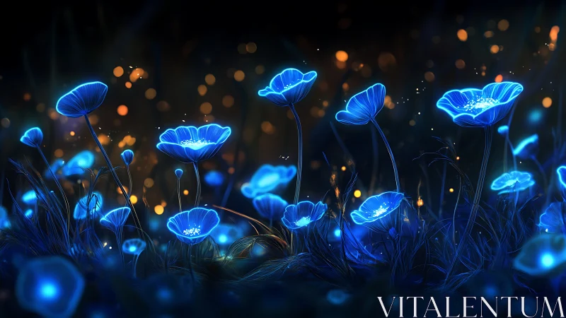 Glowing blue wildflowers lighting up a dreamy night meadow.