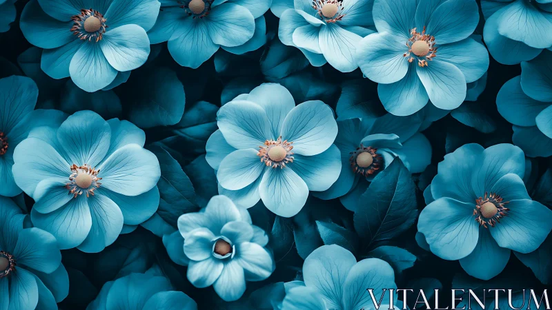 Monochromatic Cyan Floral Composition: Densely Clustered Five-Petaled Flowers.