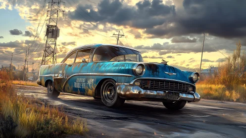 Rusty blue classic car on wet rural road at sunset.