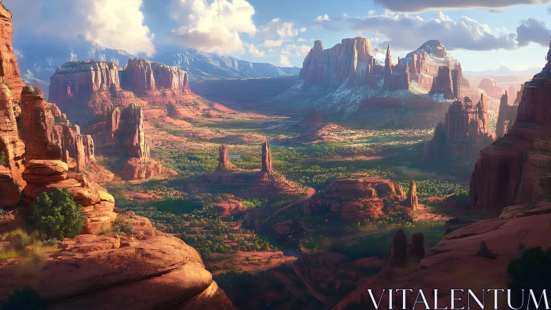 Sunlit red rock canyon with distant snowy plateaus.