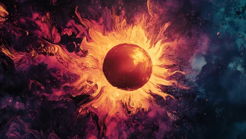 Blazing cosmic sun erupts in swirling nebula colors.