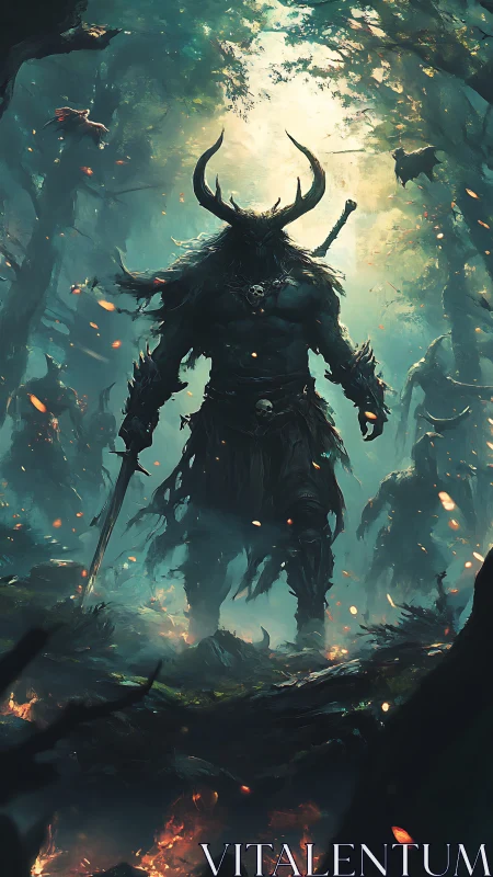 Horned armored warrior in misty forest with glowing embers.