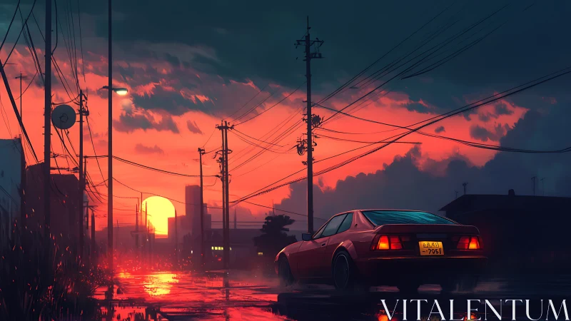 Red sports car on rain-soaked street at neon sunset.
