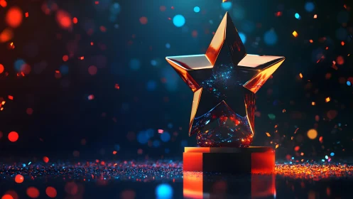 Shining Star Trophy on Glittering Stage, Vibrant Digital Art.