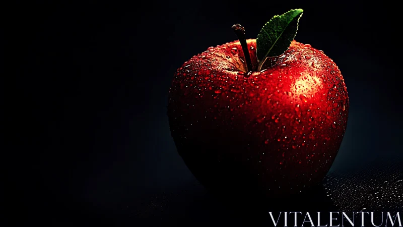 Midnight spotlight on a jewel bright dewdrop red apple.